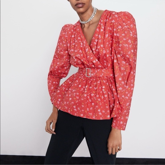 Zara Tops Zara Belted Coral Floral Top Poshmark
